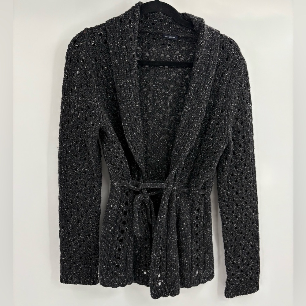 Women’s magaschoni crochet knitted black speckled tie cardigan sweater medium